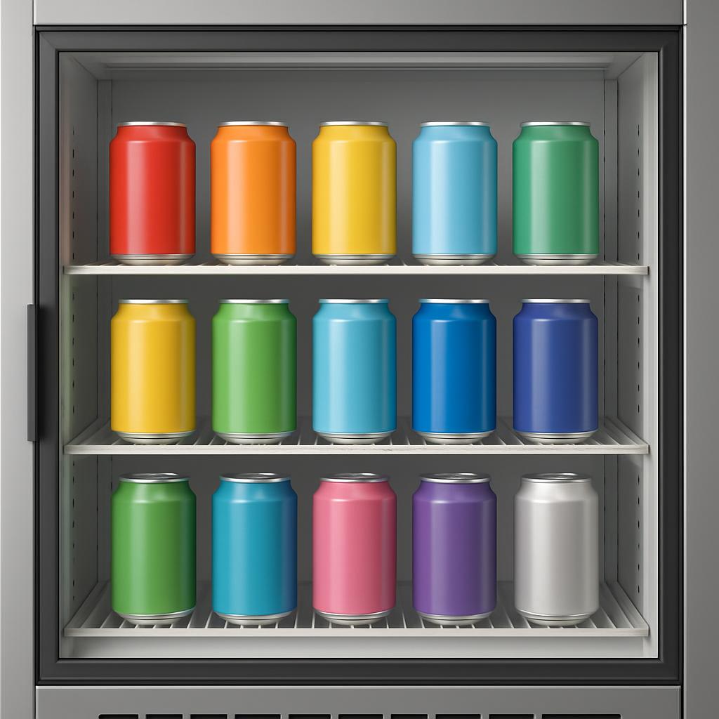 There are twenty colorful soda cans in a metal fridge. The colors are randomly ordered red, orange, light blue, green, yel...