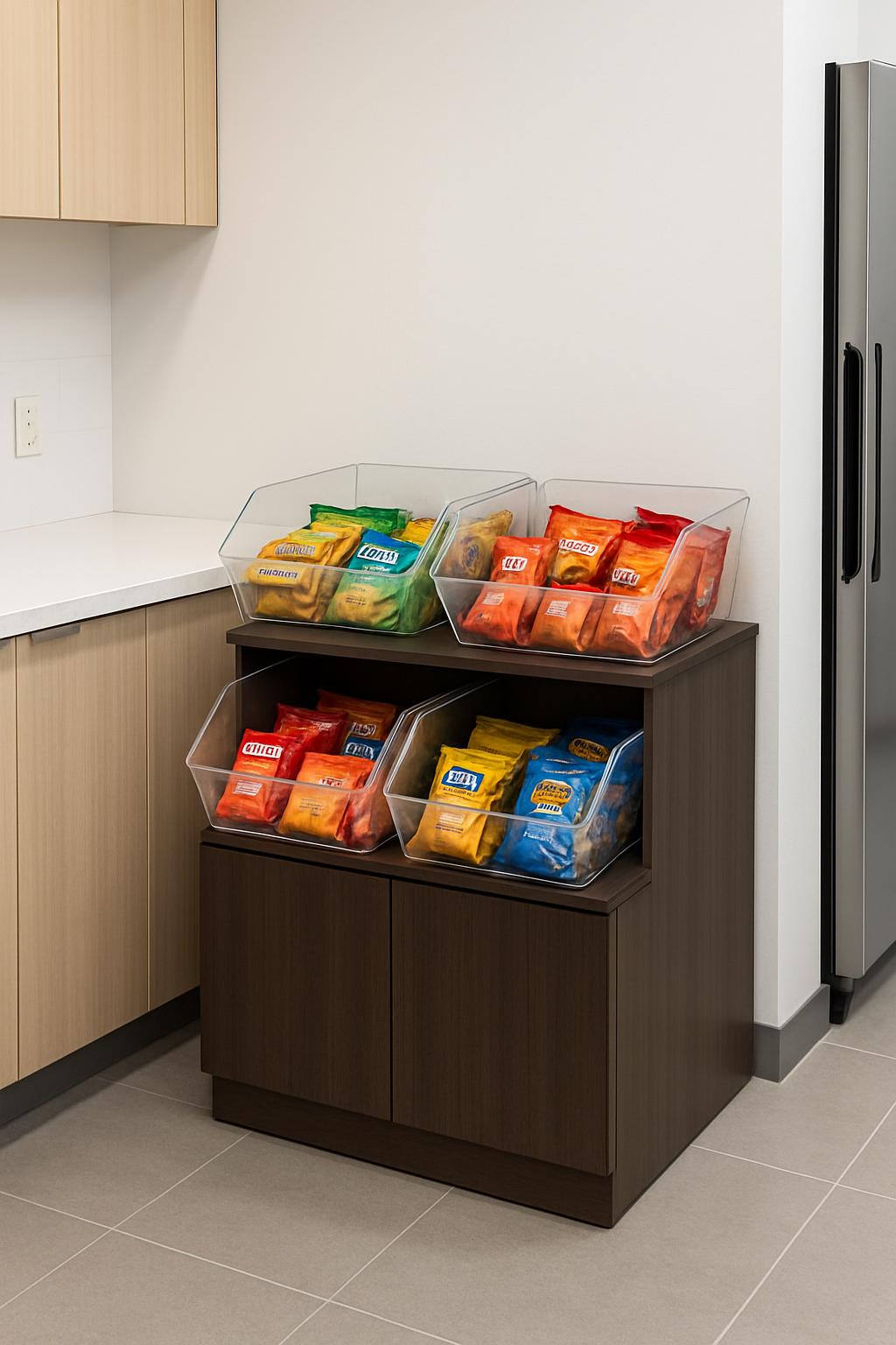 The image shows a dark brown cabinet with three clear plastic containers on top, filled with various snack bags.